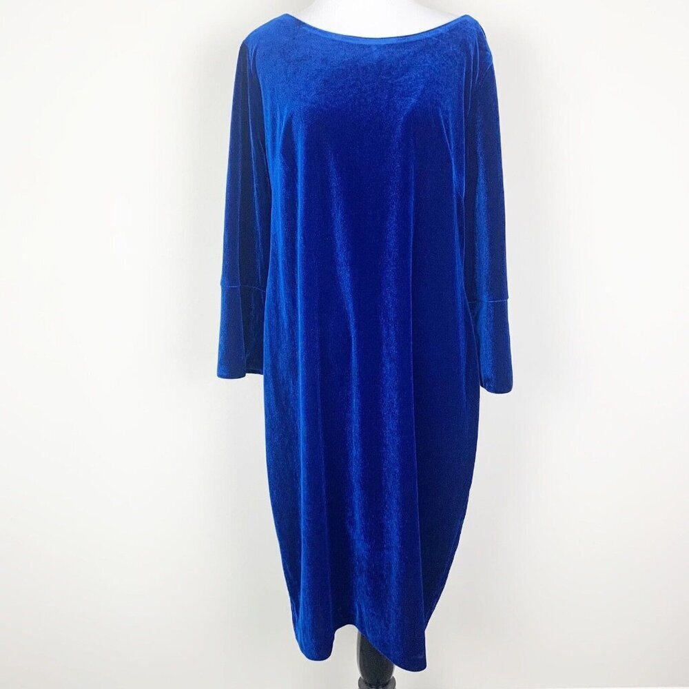 Calvin Klein Womens Dress Cobalt Blue Size 16 Velvet 3/4 Bell Sleeve Round Neck